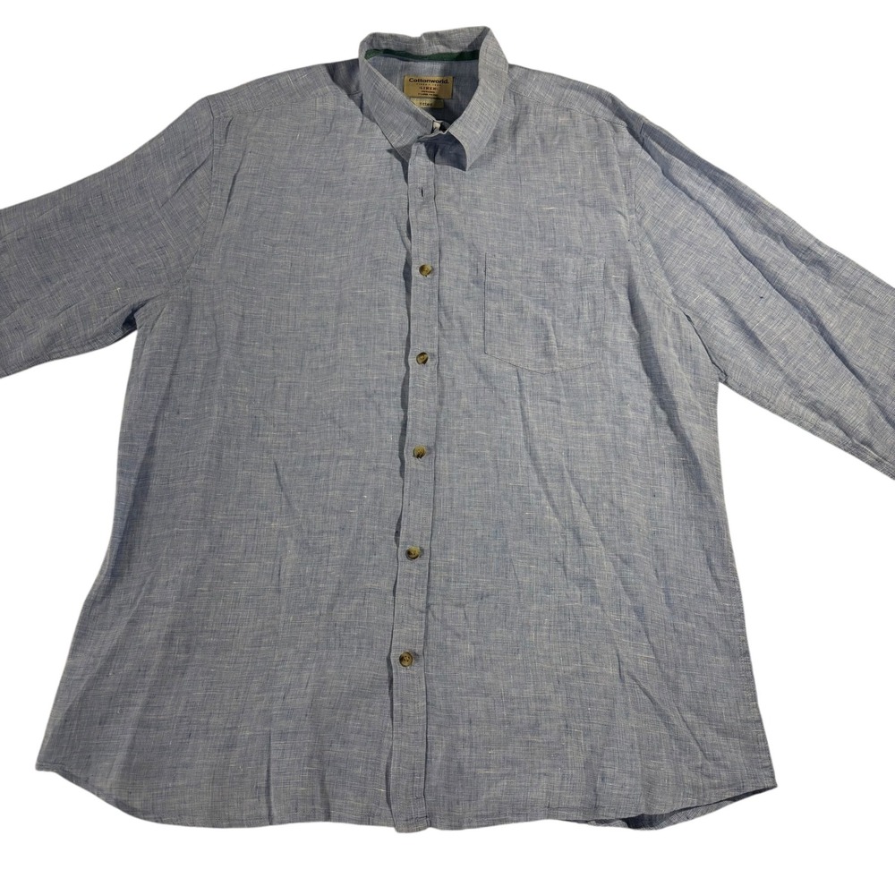 Cottonworld Linen Shirt Long Sleeve Button Down Fitted Blue X-Large